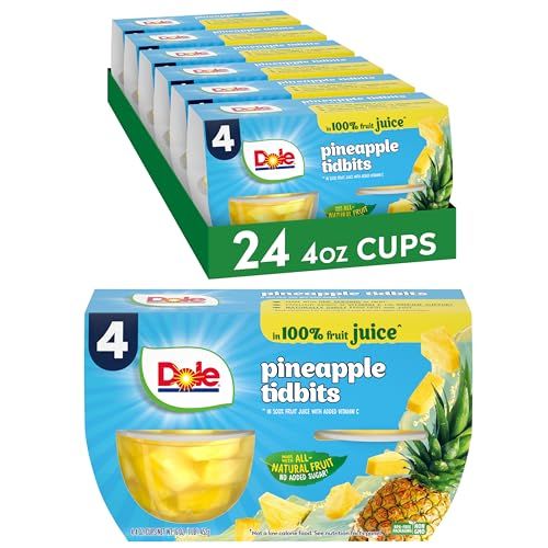 Dole Fruit Bowls Pineapple Tidbits in 100% Juice Snacks, 4oz 24 Total Cups, Gluten &amp; Dairy Free, Bulk Lunch Snacks for Kids &amp; Adults