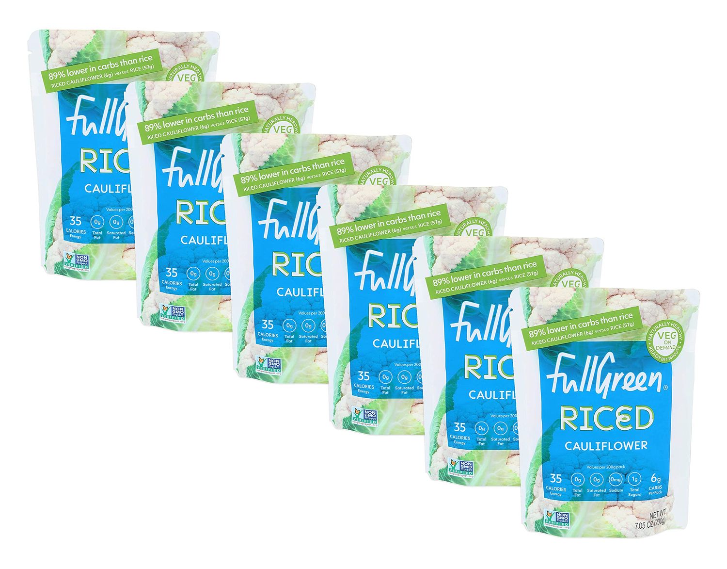 Fullgreen Cauliflower Rice - Low-Carb &amp; Low-Cal Cauliflower Rice - 89% Less Carbs Than Rice - Vegan, Gluten/Grain Free &amp; Non GMO - Heat &amp; Eat in Minutes - Includes 6 Pouches