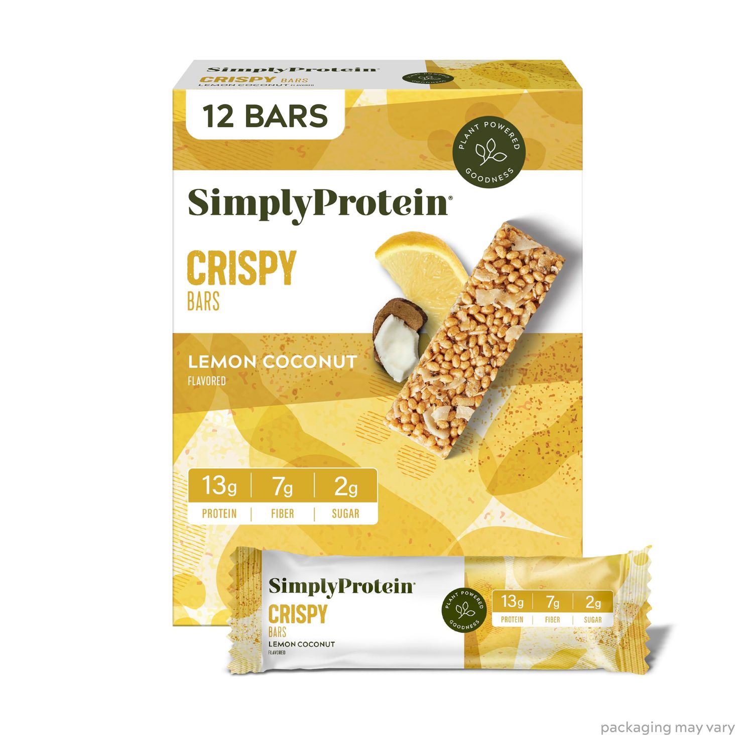 Simply Protein - Lemon Coconut Crispy Bars - Plant Based Protein Bars - Low Carb, Low Sugar, High Fiber - 13g Protein, 2g Sugar, 7g Fiber - Vegan, Gluten Free, Non GMO, Kosher - 12 Bars