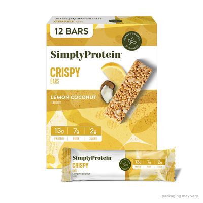 Simply Protein - Lemon Coconut Crispy Bars - Plant Based Protein Bars - Low Carb, Low Sugar, High Fiber - 13g Protein, 2g Sugar, 7g Fiber - Vegan, Gluten Free, Non GMO, Kosher - 12 Bars