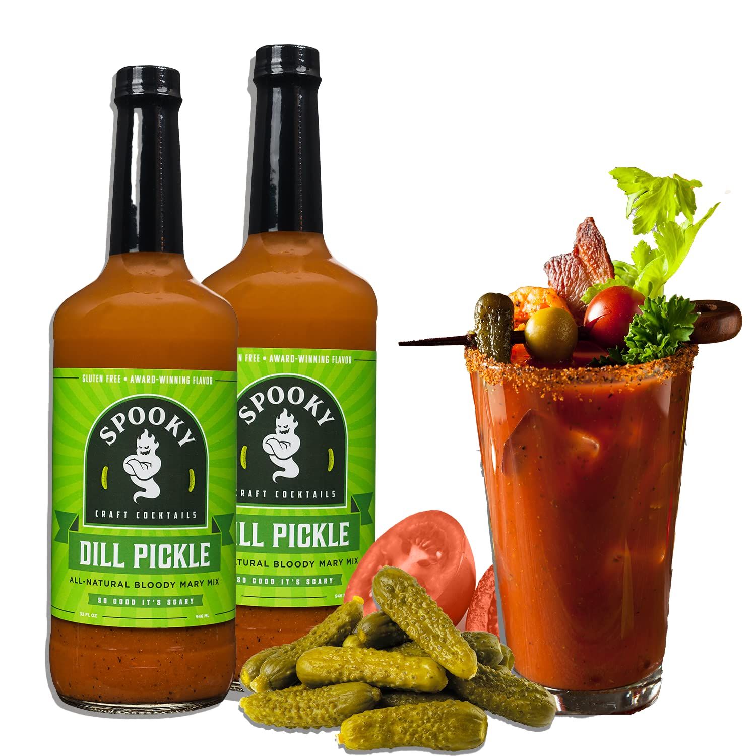 SPOOKY Dill Pickle Bloody Mary Mix - Made With All Premium Natural Ingredients - No Artificial Color or Flavor - No Preservative, No MSG, Low Carb, Low Calorie, &amp; Gluten Free - 32 Oz (Pack of 2)