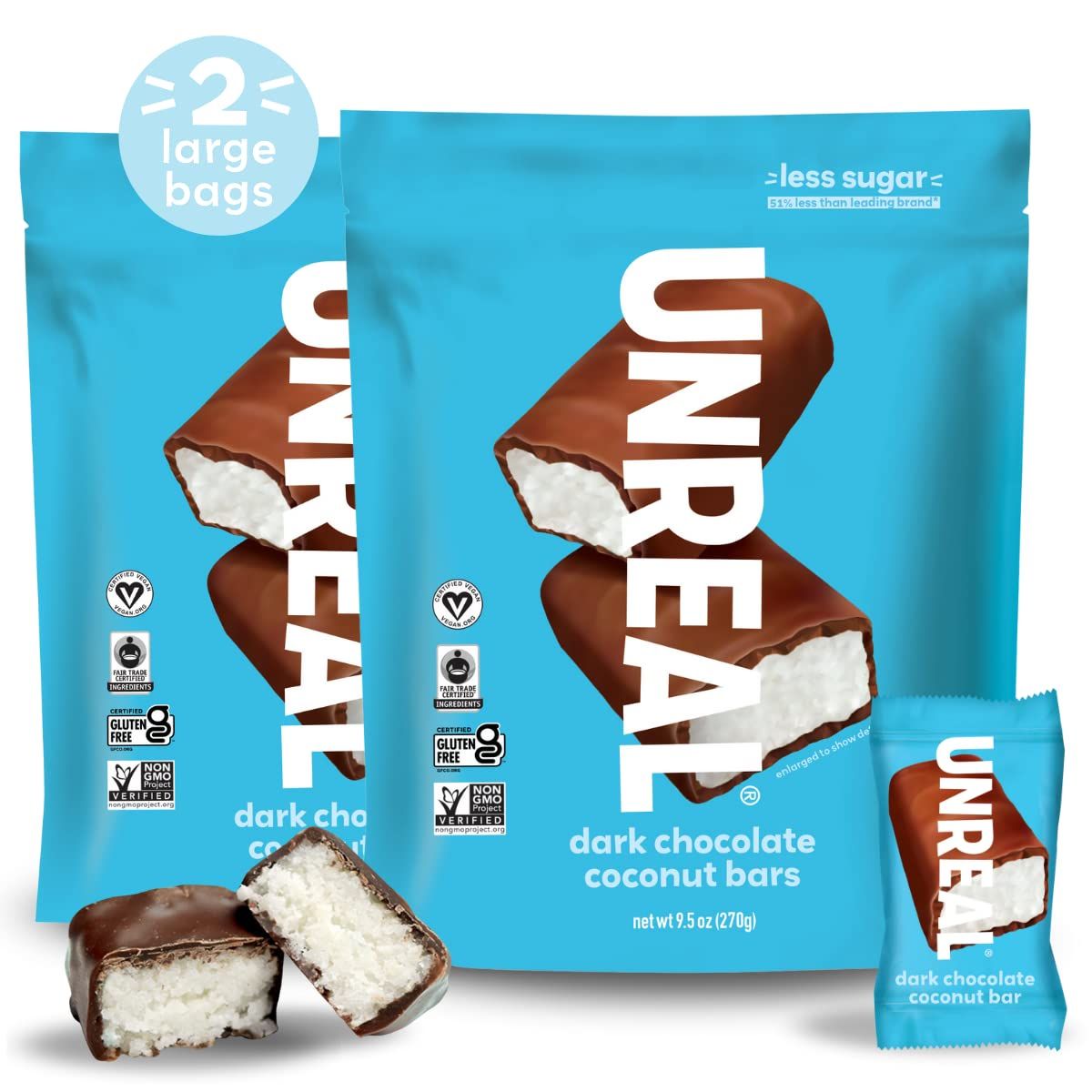 UNREAL Dark Chocolate Coconut Bars (2 Value Size Bags) | Vegan, 3g Sugar, &amp; 3 Simple Ingredients | Non-GMO, Gluten Free, &amp; Fair Trade | 9.5oz each