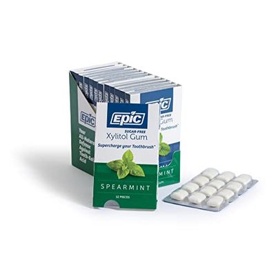Epic Xylitol Chewing Gum - Sugar Free &amp; Aspartame Free Chewing Gum Sweetened w/Xylitol for Dry Mouth &amp; Gum Health (Spearmint, 12-Piece Pack, 12 Packs)