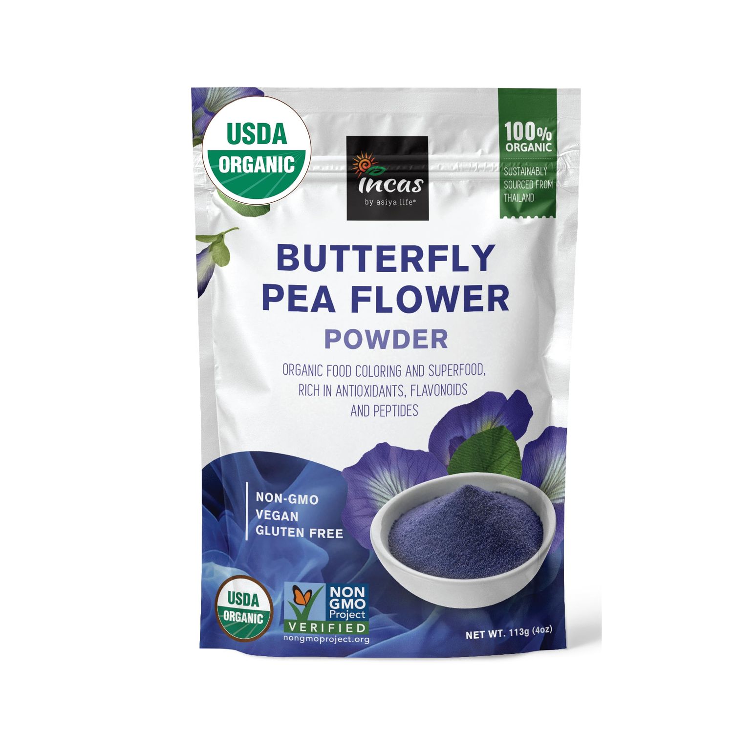 INCAS 100% USDA Organic Butterfly Pea Flower Powder (4 Ounce) | Organic Blue Matcha Tea | Non-GMO Verified Extract from Thailand | Organic Blue Food Coloring | Adaptogenic Raw Culinary | Vegan