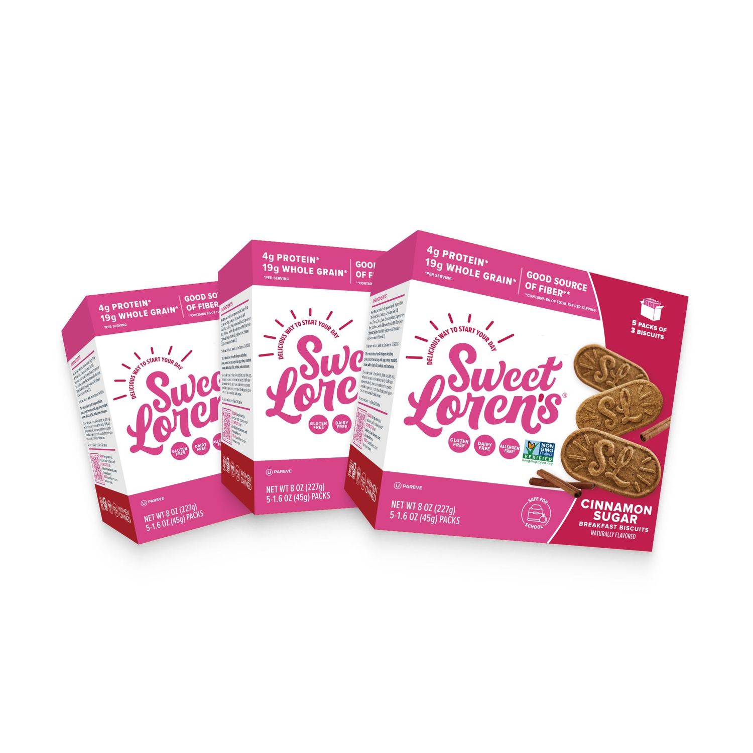 Sweet Loren&#39;s Vegan Breakfast Biscuits | Cinnamon Sugar | 4g Protein, 19g Whole Grains | Plant Based, Gluten Free, Dairy Free, Nut Free Snacks | 3 Pack (15 Total Biscuits, 1.6 ounce each)