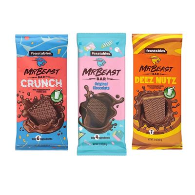 Feastables Mr Beast Chocolate Bars - NEW Deez Nuts Peanut Butter, New Crunch and Original Chocolate (3 pack)