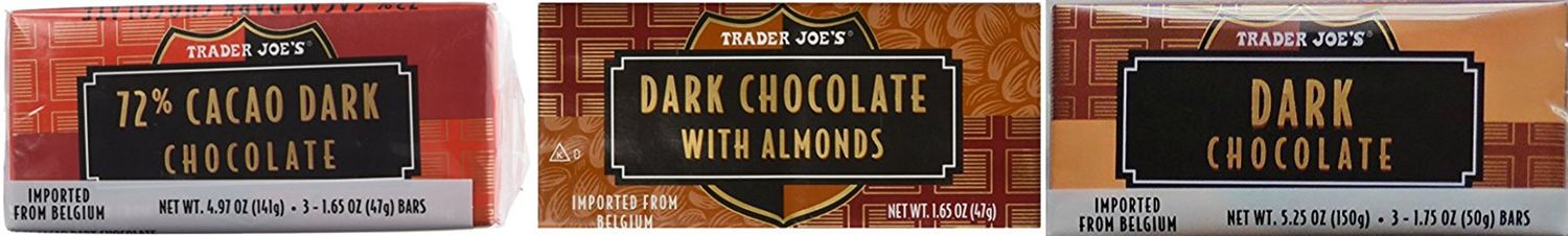 Bundle of 3: 3 bars of Trader Joes Cacao Drak Choc, 3 bars of Dark Chocolate and 3 bars of dark chocolate with almonds