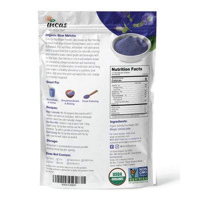 INCAS 100% USDA Organic Butterfly Pea Flower Powder (4 Ounce) | Organic Blue Matcha Tea | Non-GMO Verified Extract from Thailand | Organic Blue Food Coloring | Adaptogenic Raw Culinary | Vegan