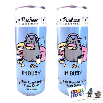 Pusheen Im Busy Blue Raspberry Fizzy Drink (2 Pack) with 2 Gosutoys Stickers