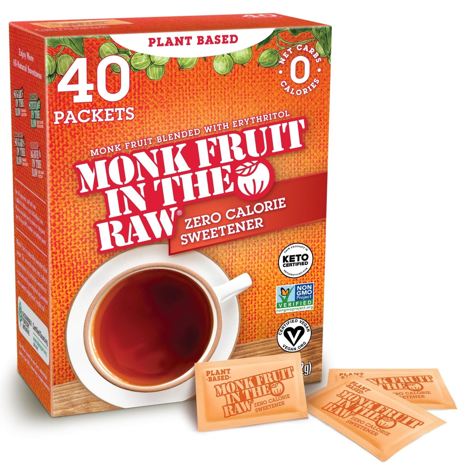 MONK FRUIT IN THE RAW, Natural Monk Fruit Sweetener w/ Erythritol, Sugar-Free, Keto, Gluten Free, Zero Calorie, Low Carb, Vegan Sugar Substitute, 40 Count Packets (Pack of 1)