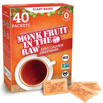 MONK FRUIT IN THE RAW, Natural Monk Fruit Sweetener w/ Erythritol, Sugar-Free, Keto, Gluten Free, Zero Calorie, Low Carb, Vegan Sugar Substitute, 40 Count Packets (Pack of 1)