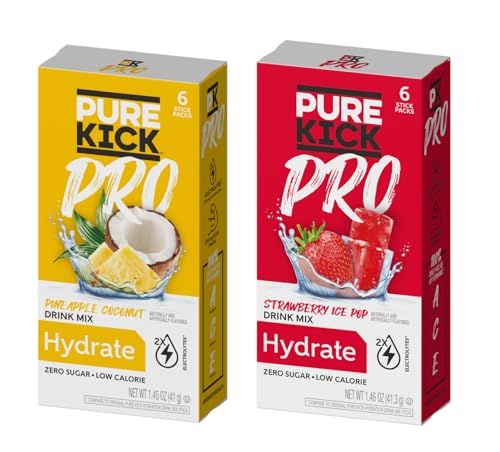 Pure Kick Pro Variety Pack - Strawberry Ice Pop and Pineapple Coconut Powdered Drink Mix - Pack of 2 - Zero Calorie - Low Sugar - Hydrate - 100% DV of Vitamins A, C, and E