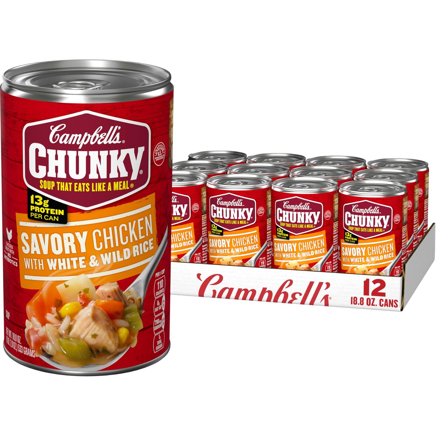 Campbell&#39;s Chunky Soup, Savory Chicken with White and Wild Rice Soup, 18.8 Oz Can (Case of 12)