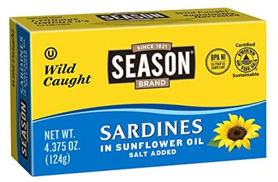 Season Sardines in Sunflower Oil - Wild Caught, 22g of Protein, Keto Snacks, More Omega 3&#39;s Than Tuna, Kosher, High in Calcium, Canned Sardines - 4.37 Oz, 12-Pack