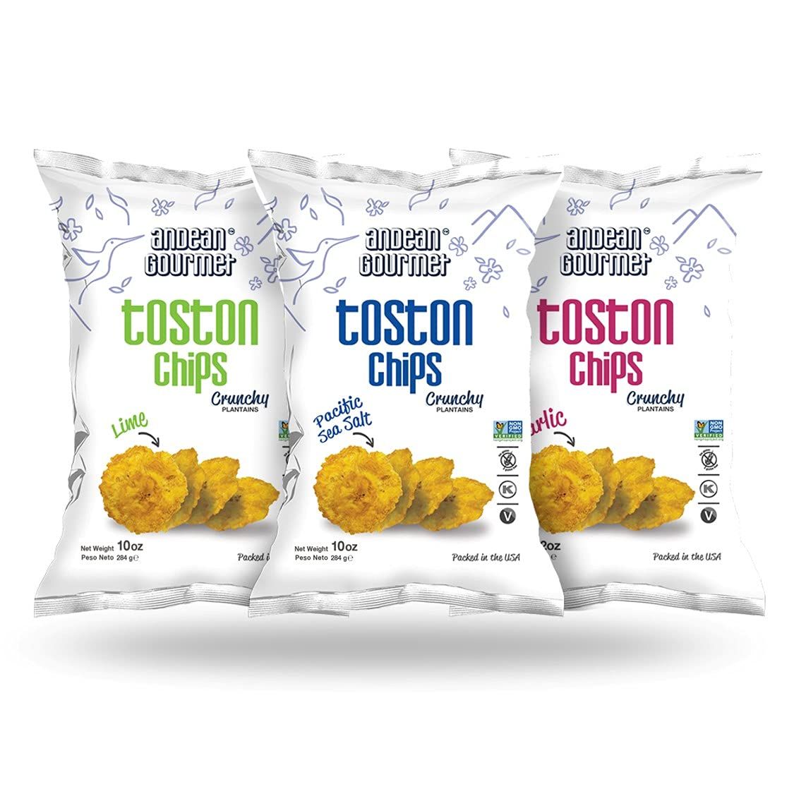 ANDEAN GOURMET Toston Chips 10oz (Pack of 3) Variety (Pacific Sea Salt, Garlic and Lime) - Gluten Free, All Natural, NON-GMO and Kosher - Plantain Dipping Chip