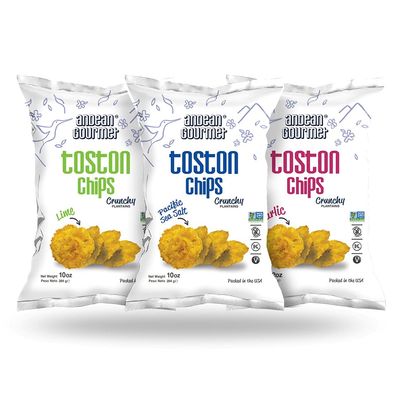 ANDEAN GOURMET Toston Chips 10oz (Pack of 3) Variety (Pacific Sea Salt, Garlic and Lime) - Gluten Free, All Natural, NON-GMO and Kosher - Plantain Dipping Chip