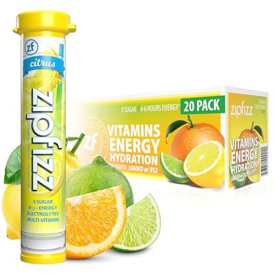 Zipfizz Daily Energy Drink Powder, Citrus, 20 Pack, 3-in-1 Sustained Energy, Rapid Hydration, and Essential Vitamins, Sugar-Free, Electrolyte Powder, Contains Vitamin B-12 &amp; Antioxidants