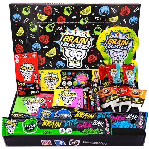 Brain Blasterz TREAT Sour Candy Variety Pack, Vegan Candy, Sour Chew Bar, Halal Candy, Sour Candy Gift Box w/ 15 pcs (13oz), Unique Candy Variety Pack, Lollipop, Sour Powder, Taffy, Halloween Candy