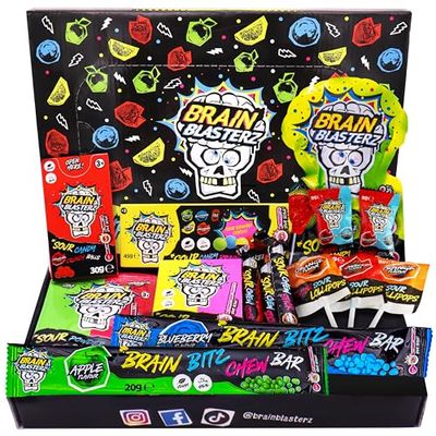 Brain Blasterz TREAT Sour Candy Variety Pack, Vegan Candy, Sour Chew Bar, Halal Candy, Sour Candy Gift Box w/ 15 pcs (13oz), Unique Candy Variety Pack, Lollipop, Sour Powder, Taffy, Halloween Candy