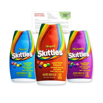 Skittles Liquid Water Enhancers Variety Pack - Original, Tropical, and Wild Berry Flavors (3 Bottles) with Hard Candy Recipe Card by Copious Fare