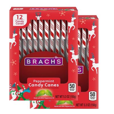 Brachs Bobs Red &amp; White Peppermint Candy Canes, Naturally Flavored Christmas Candy, Stocking Stuffers for Kids, Holiday Classic, 5.3 Oz, 12 Count - Pack of 2