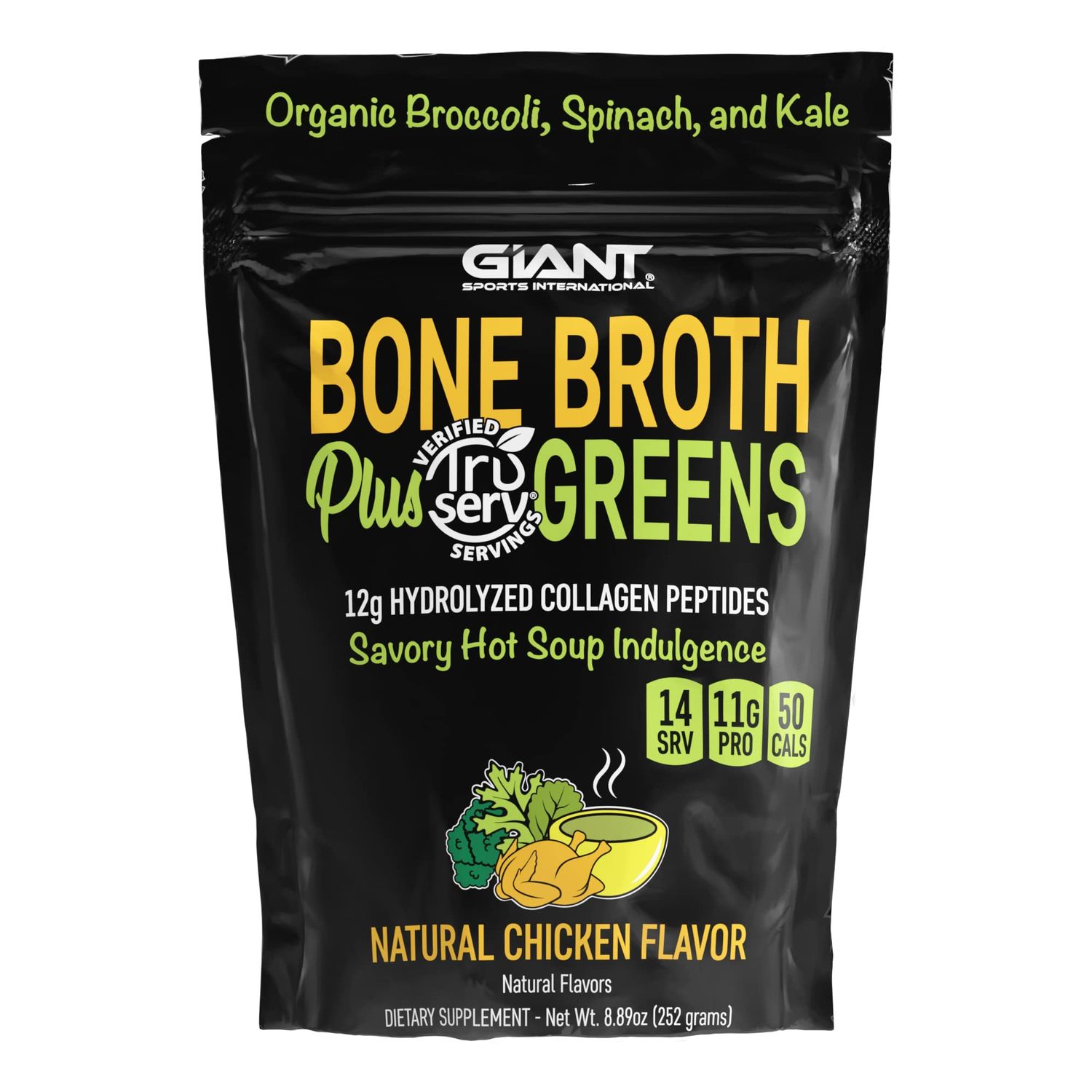 Giant Sports Bone Broth Collagen Plus Greens | Organic Super Greens Powder + Delicious Collagen Protein Powder Mix | Paleo and Keto Friendly | Natural Chicken Flavor 14 Servings