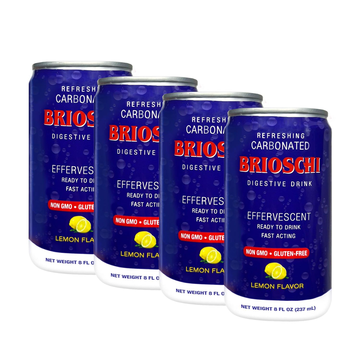 Brioschi Ready to Drink | Lemon Flavored Refreshing Effervescent Seltzer | Fast Acting Digestive Aid, Heartburn, Upset Stomach, Acid Indigestion | Gluten Free | Super Carbonated 8 oz can, (Pack of 4)