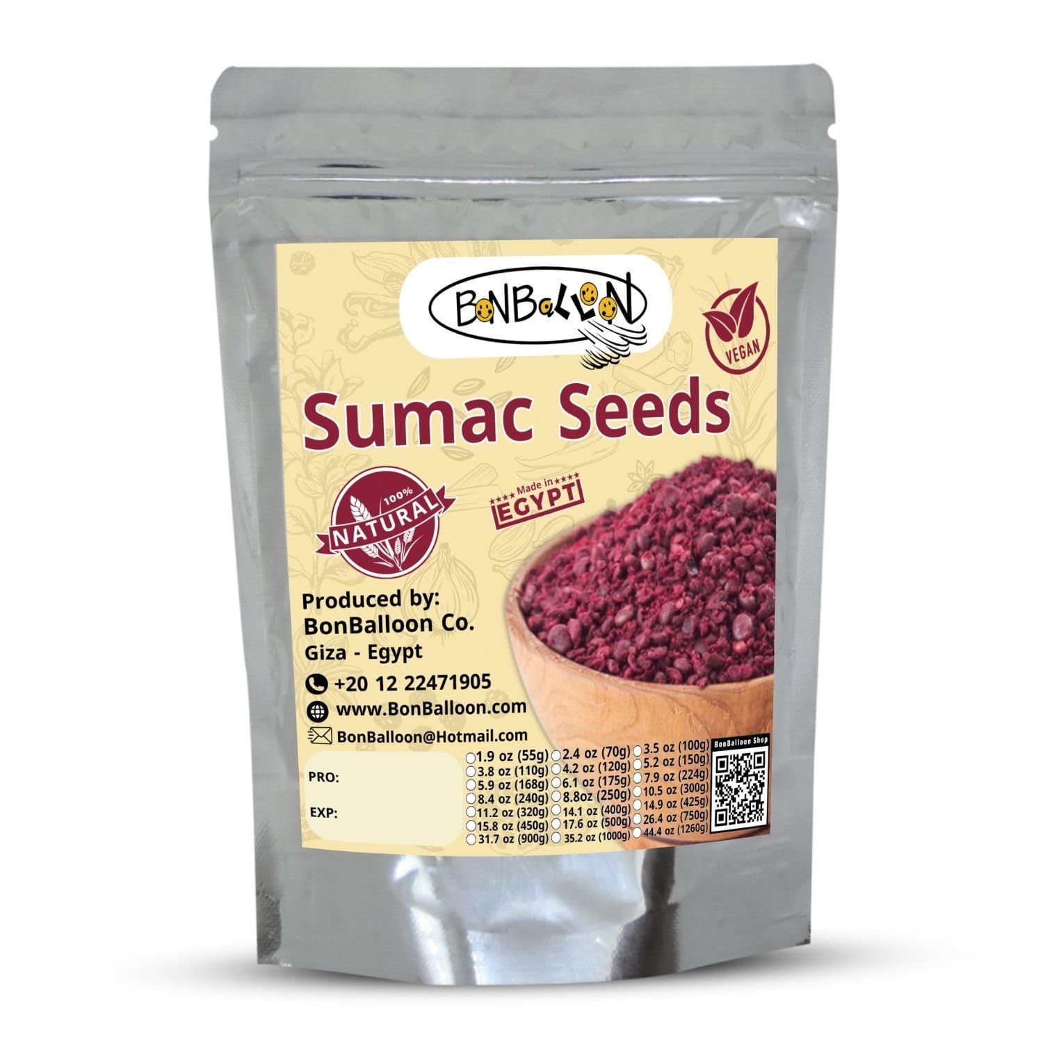 BonBalloon Pure &amp; Organic Sumac Sumach Summaq Whole Seed Seeds Dried Rhus Natural Fresh Herbal Herb Herbs Seasoning Cooking No Additives Non Gmo Kosher Halal (8.82 oz / 250 gm)