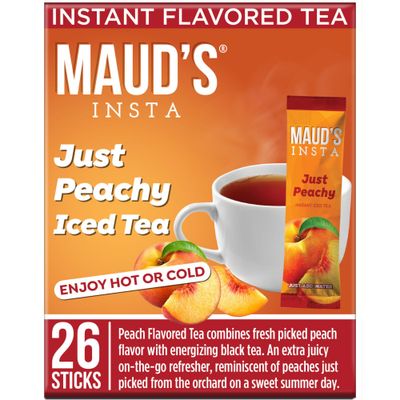 Maud&#39;s Instant Peach Tea (Insta Just Peachy), 26ct. Solar Energy Produced Single Serve Peach Flavored Tea Instant Travel Stick Packs, Instantly Hot or Iced Tea, 100% California Tea Blend