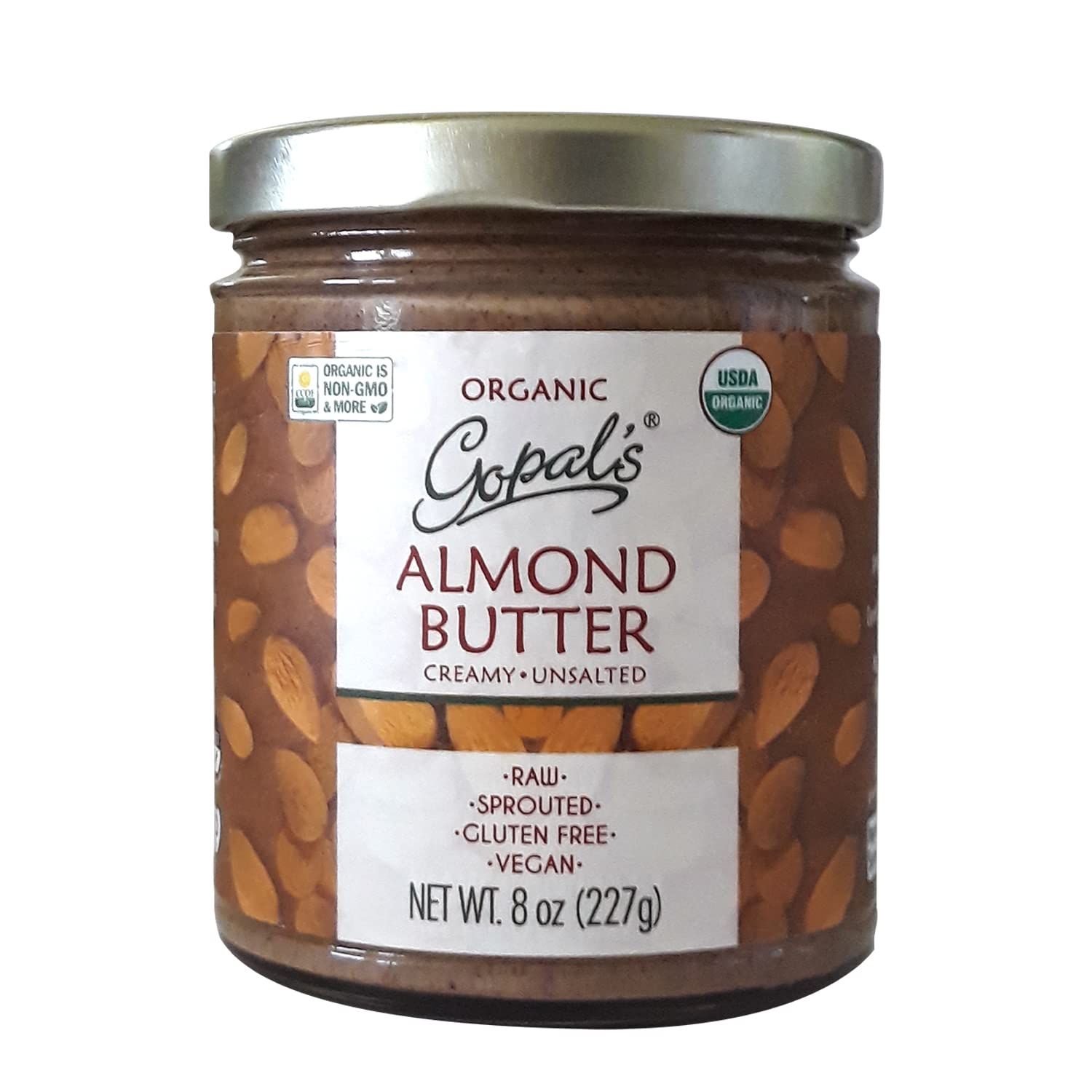 Gopal&#39;s Organic Raw Sprouted Almond Butter (Creamy and Unsalted) - 8 Ounces Jar