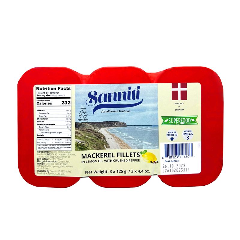 Sanniti Mackerel Fillets in Lemon Oil with Crushed Pepper | Super Food | High in Protein | High in Omega 3, 4.4 oz (Pack of 3)