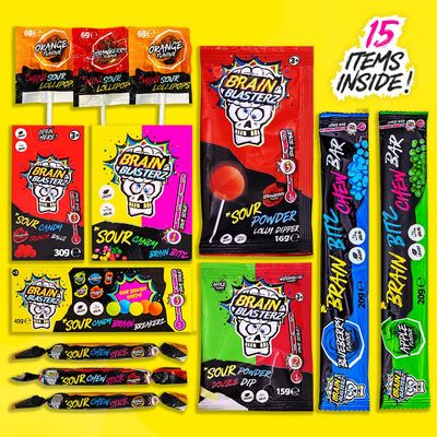 Brain Blasterz TREAT Sour Candy Variety Pack, Vegan Candy, Sour Chew Bar, Halal Candy, Sour Candy Gift Box w/ 15 pcs (13oz), Unique Candy Variety Pack, Lollipop, Sour Powder, Taffy, Halloween Candy
