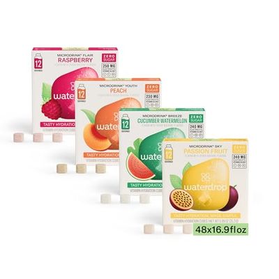 Waterdrop Hydration Cubes, 4 Flavor Variety Pack, Vitamin C, E, B1, B3, B6, B7 &amp; Electrolyte Drops for Still &amp; Sparkling Water, On The Go, Low Calorie, Zero Sugar, Gluten Free, Non GMO, Vegan, 48 CT
