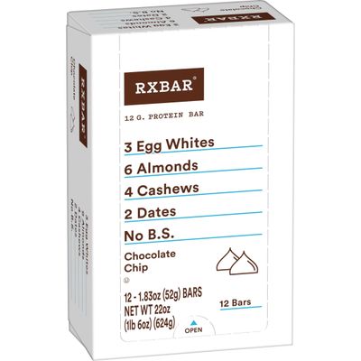 RXBAR Protein Bars, Protein Snack, Snack Bars, Chocolate Chip, 22oz Box (12 Bars)