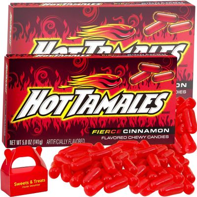 Hot Tamales Candy | Fierce Cinnamon Flavored Original Red Chewy Gummy - Gluten Free &amp; Fat-Free | Intense Bites Ignite Your Taste Buds with Bold Bursts of Heat | Box Muchai Card (2 Pack Theater Boxes)