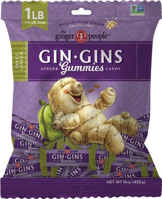 GIN GINS Sweet Ginger Gummies - Natural Fresh Ginger Candy by The Ginger People - Sweet Ginger Gummies Flavor - Large 1 lb Bag (16oz) - Pack of 1