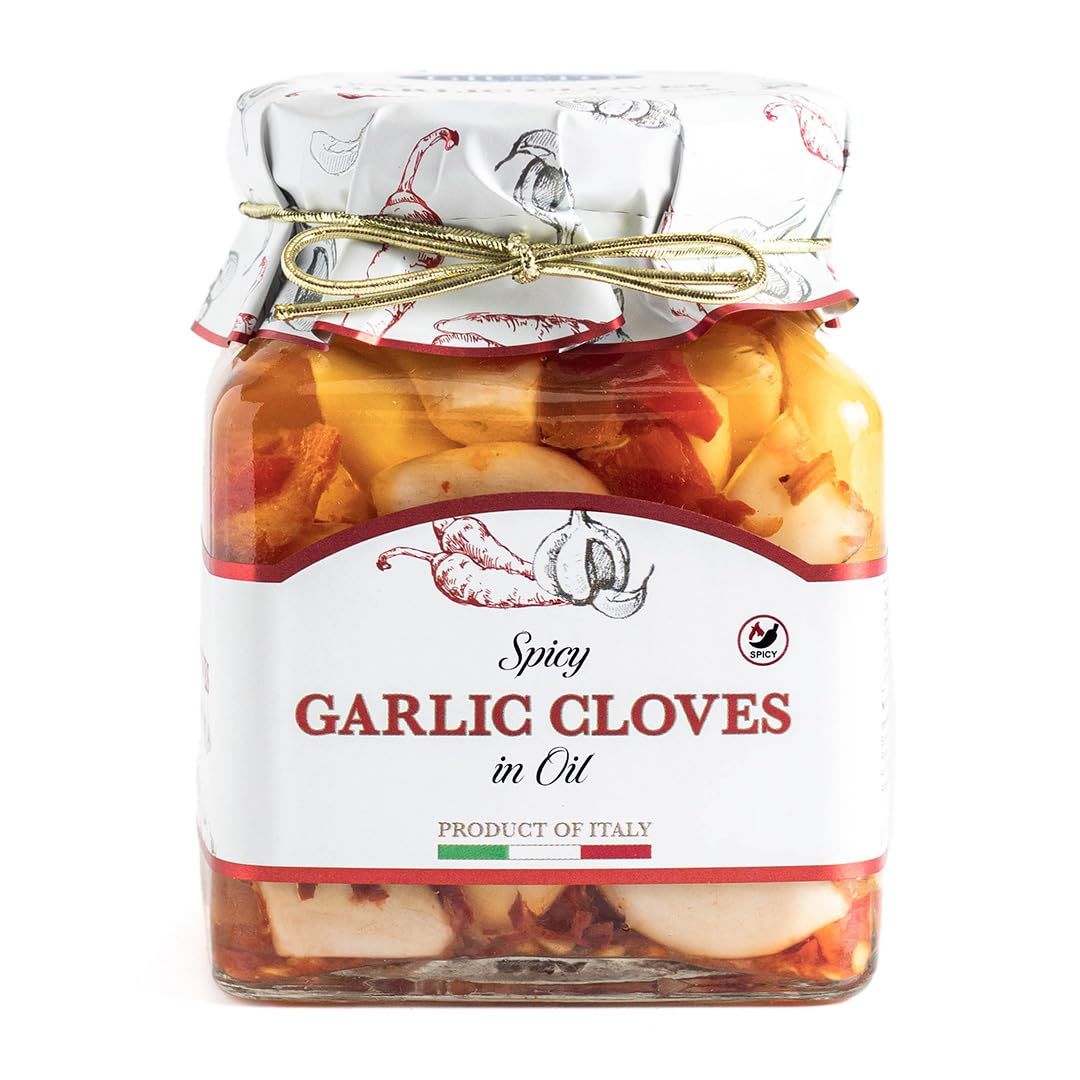Giusto Sapore Antipasto, Spicy Garlic Cloves in Oil - Non GMO Italian Premium Gourmet Brand - Imported from Italy and Family Owned - 10.23oz