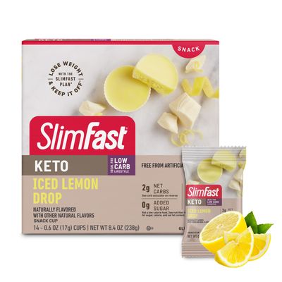 SlimFast Keto Fat Bomb Snack Cup, Iced Lemon Drop, Keto Snacks for Weight Loss, Low Carb with 0g Added Sugar, 14 Count Box (Packaging May Vary)