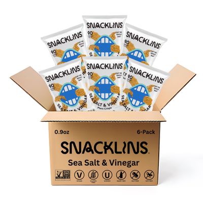 SNACKLINS Plant Based Crisps SEA SALT &amp; VINEGAR - Gluten Free, Grain Free, 100% Kosher, Vegan Healthy Snacks, Crunchy Puffed Snack, Only 100 Calories Per Bag - .9oz Bag (Case of 6)