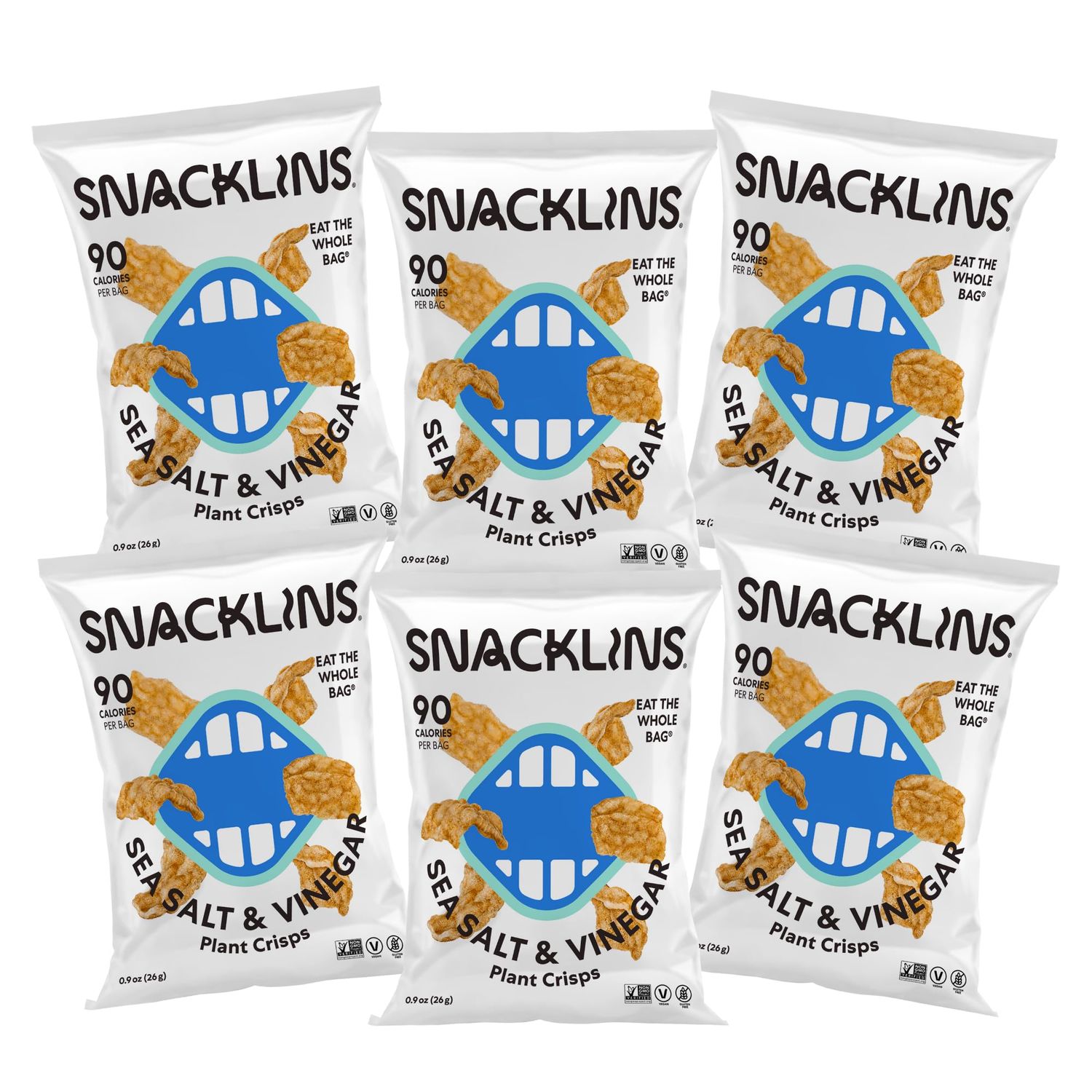 SNACKLINS Plant Based Crisps SEA SALT &amp; VINEGAR - Gluten Free, Grain Free, 100% Kosher, Vegan Healthy Snacks, Crunchy Puffed Snack, Only 100 Calories Per Bag - .9oz Bag (Case of 6)