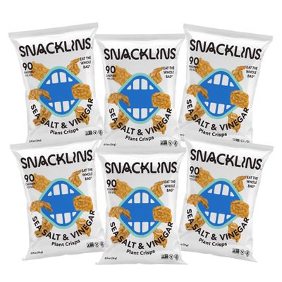 SNACKLINS Plant Based Crisps SEA SALT &amp; VINEGAR - Gluten Free, Grain Free, 100% Kosher, Vegan Healthy Snacks, Crunchy Puffed Snack, Only 100 Calories Per Bag - .9oz Bag (Case of 6)