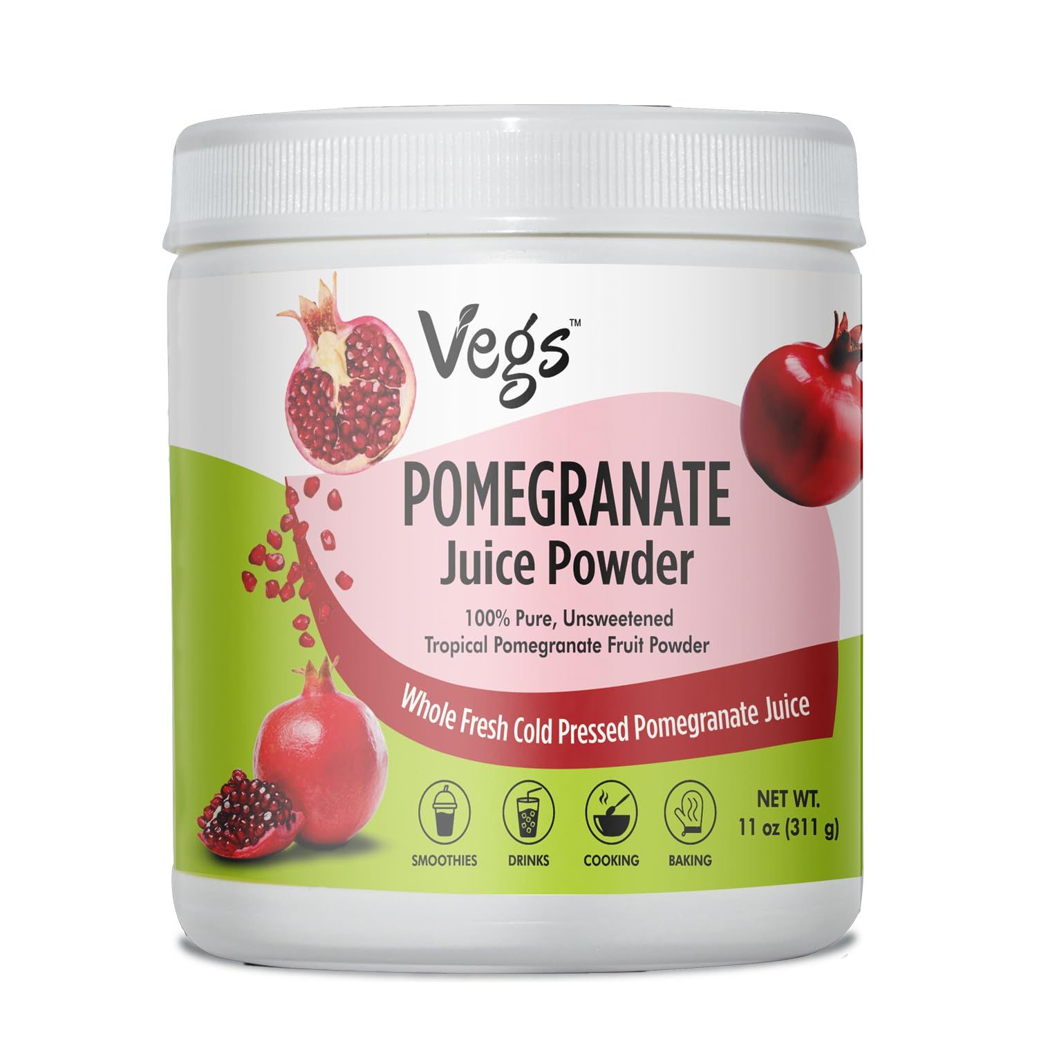 Vegs Pomegranate Juice Powder - Freeze Dried Organic Pomegranate Powder with Antioxidants - Sugar-Free Cold Pressed Tropical Fruit for Smoothies, Drinks, Cooking, Baking - Vegan, Non-GMO - 11 Oz