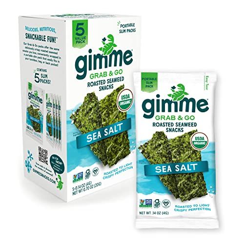 Gimme Seaweed Grab &amp; Go - Sea Salt - 5 Count - Organic Roasted Seaweed Sheets - Keto Vegan Gluten Free - Great Source of Iodine &amp; Omega 3s - Healthy On-The-Go Snack for Kids Adults
