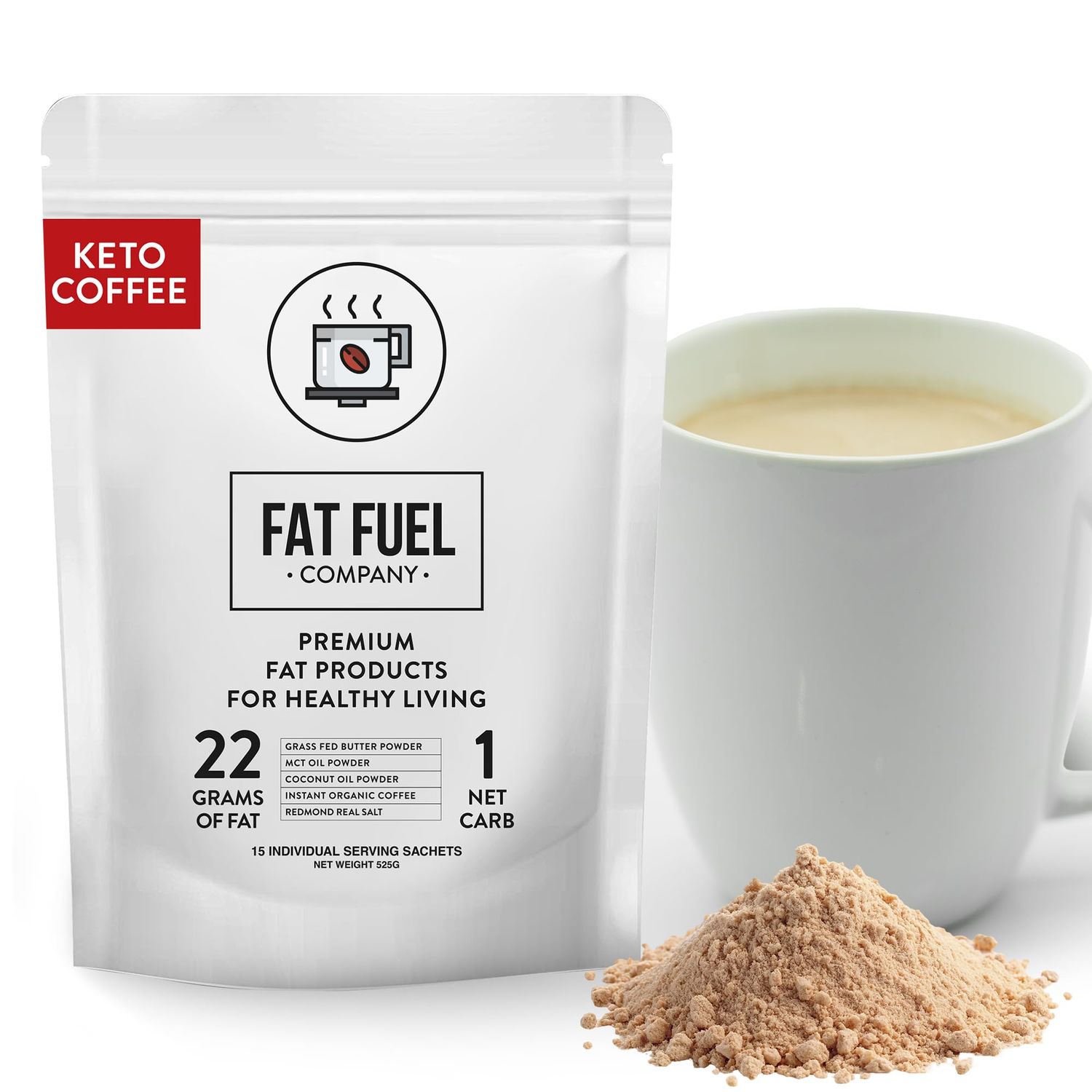 FAT FUEL Keto Coffee 22g Premium Fats - With Grass Fed Butter, MCT Oil, Coconut &amp; Redmond Real Salt - Instant Organic Coffee, One Net Carb, A True Meal Replacement - 15 Servings