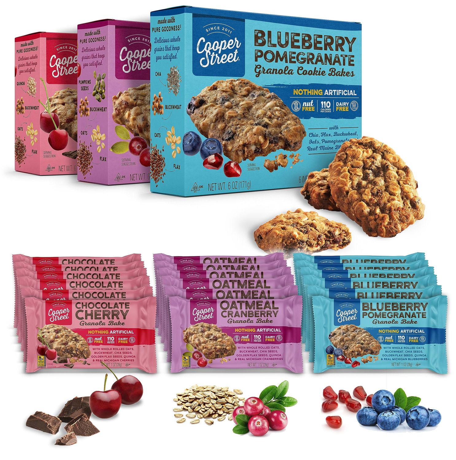 Cooper Street Cookies Healthy Breakfast Bakes, Granola Bars W/Blueberry, Pomegranate, White Chocolate Chip, Cranberry &amp; Cherries, Variety Pack of 3