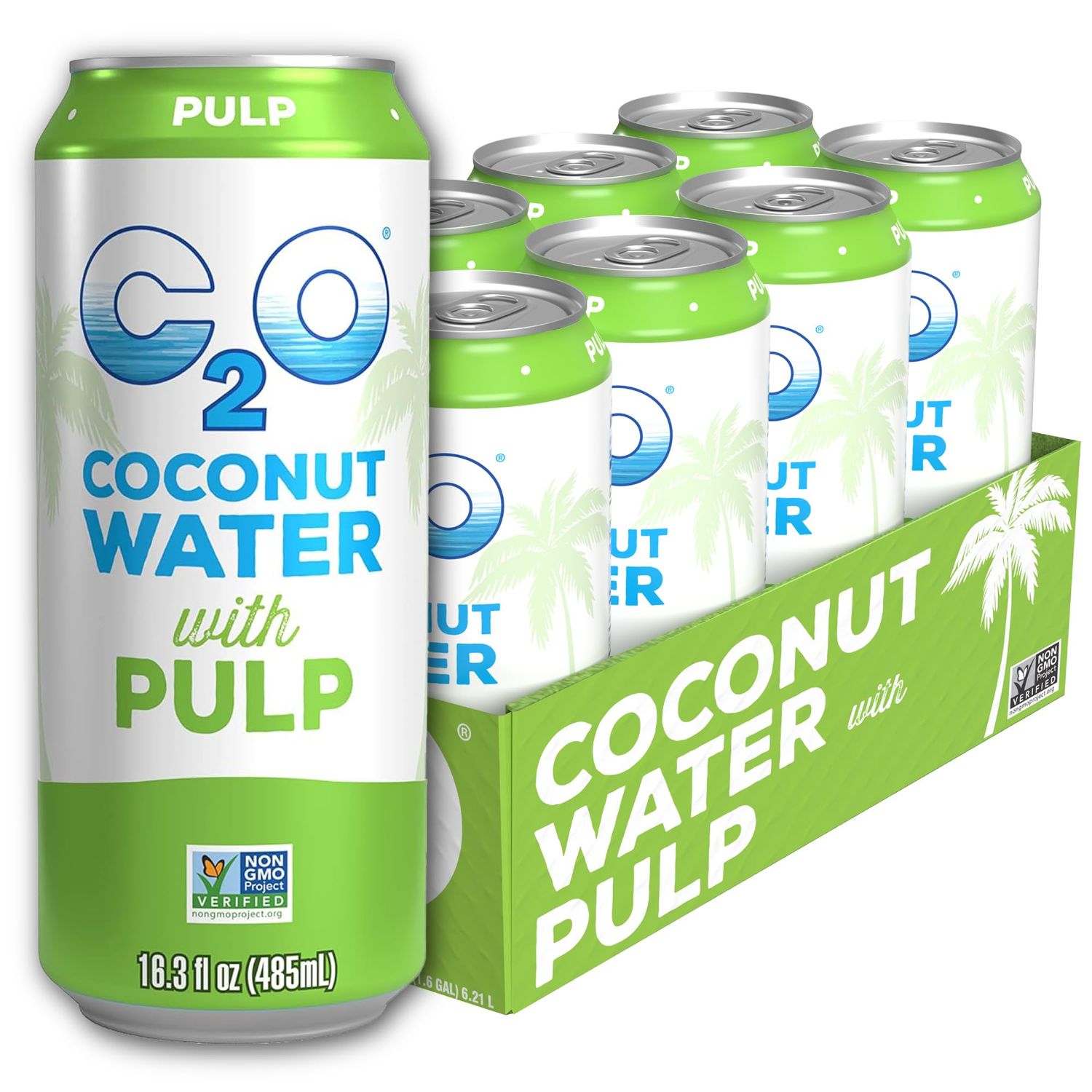 C2O - Coconut Water with Pulp (8 Pack) - Made with Fresh Coconut Water - Plant Based - Non GMO - Canned Water - Natural Hydration, Essential Electrolytes, &amp; Potassium - 8 Cans, 16.3 FL OZ