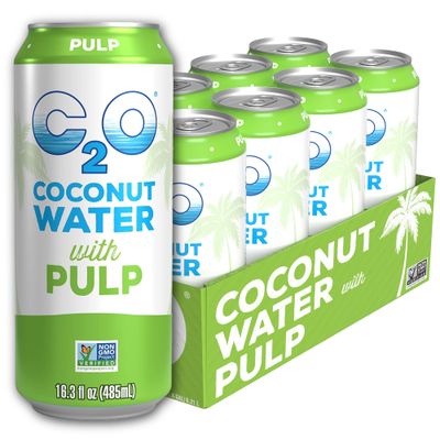 C2O - Coconut Water with Pulp (8 Pack) - Made with Fresh Coconut Water - Plant Based - Non GMO - Canned Water - Natural Hydration, Essential Electrolytes, &amp; Potassium - 8 Cans, 16.3 FL OZ