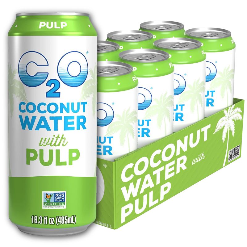 C2O - Coconut Water with Pulp (8 Pack) - Made with Fresh Coconut Water - Plant Based - Non GMO - Canned Water - Natural Hydration, Essential Electrolytes, &amp; Potassium - 8 Cans, 16.3 FL OZ