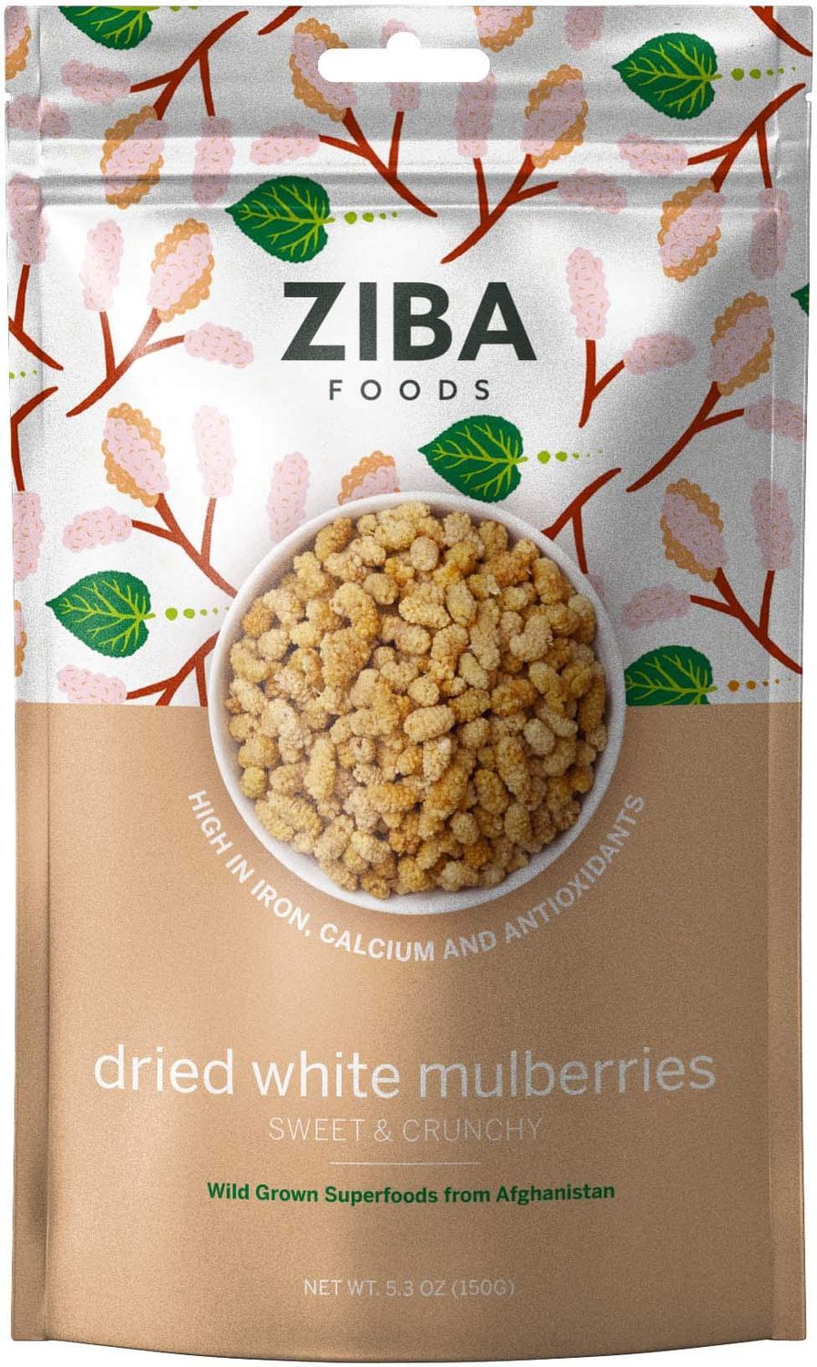 Ziba Foods Wild Grown Dried Mulberries | Non-GMO, Vegan, Whole 30 Friendly &amp; Paleo, White Mulberry Dried Fruit Pack | Wild Grown Superfood Naturally High In Immune Boosting Antioxidants, 5.3 oz