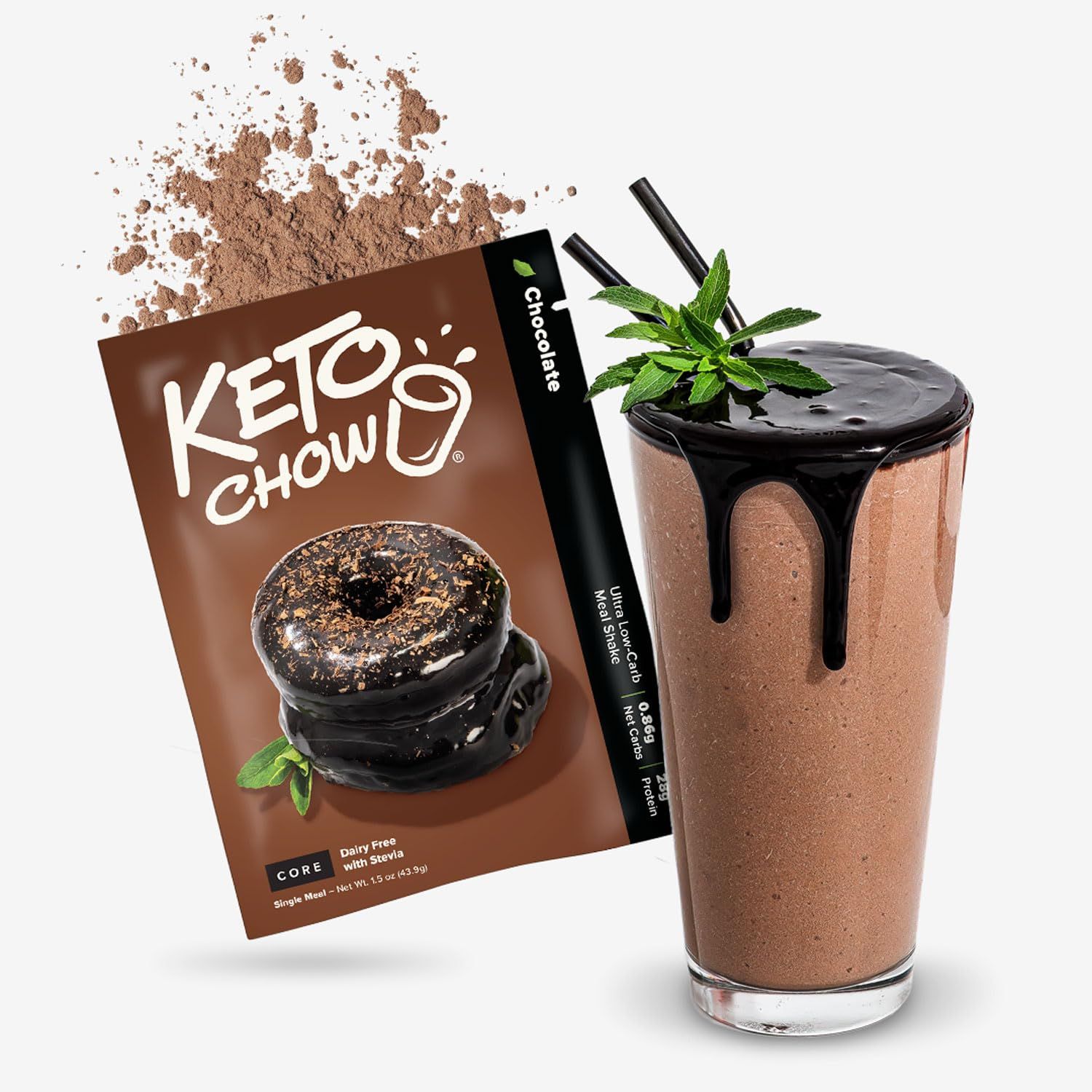Keto Chow Chocolate Core (w/Stevia) - Keto Meal Replacement Shake Powder - Nutritionally Complete - Low Carb - Delicious Easy Meal Substitute - Protein Rich &amp; Dairy Free - Single Meal Serving